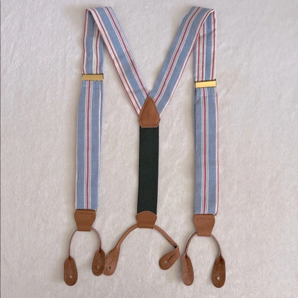 {VTG} Polo Ralph Lauren | 80s 90s Chambray Striped Braces Suspenders Made in USA - Picture 2 of 16